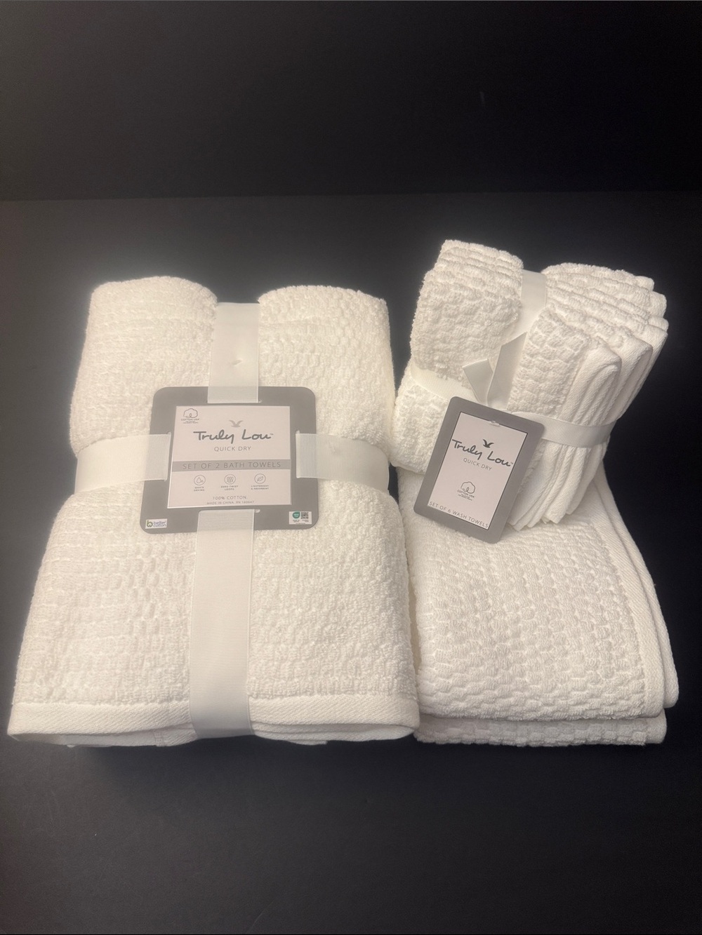 10pc TRULY LOU Quick Dry 100% Cotton Zero Twist Loops Bath Towel Set - White